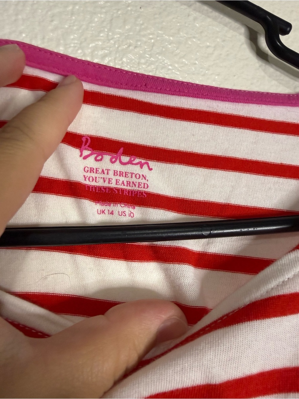 Boden The Christmas Breton Red & White Striped Top with Pink Trim (Box B) - Picture 5 of 9